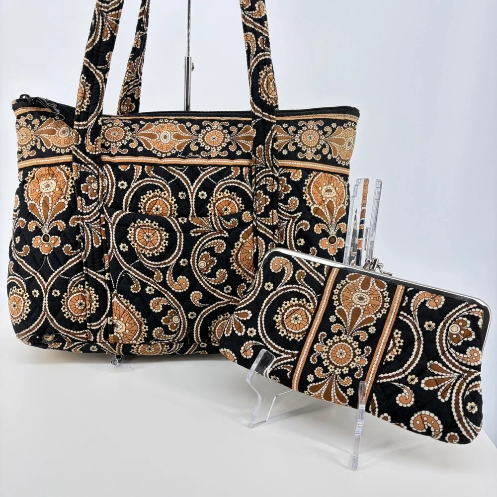 Vera Bradley Tote Bag & Wallet Set Caffe Latte Paisley Quilted Black Tan 15x9